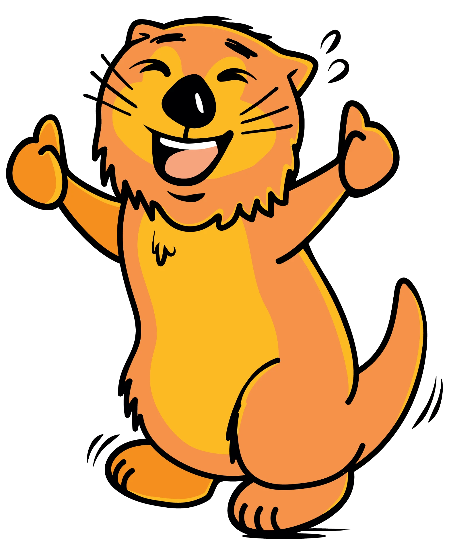 The Laughing Otter cheering with both arms in the air