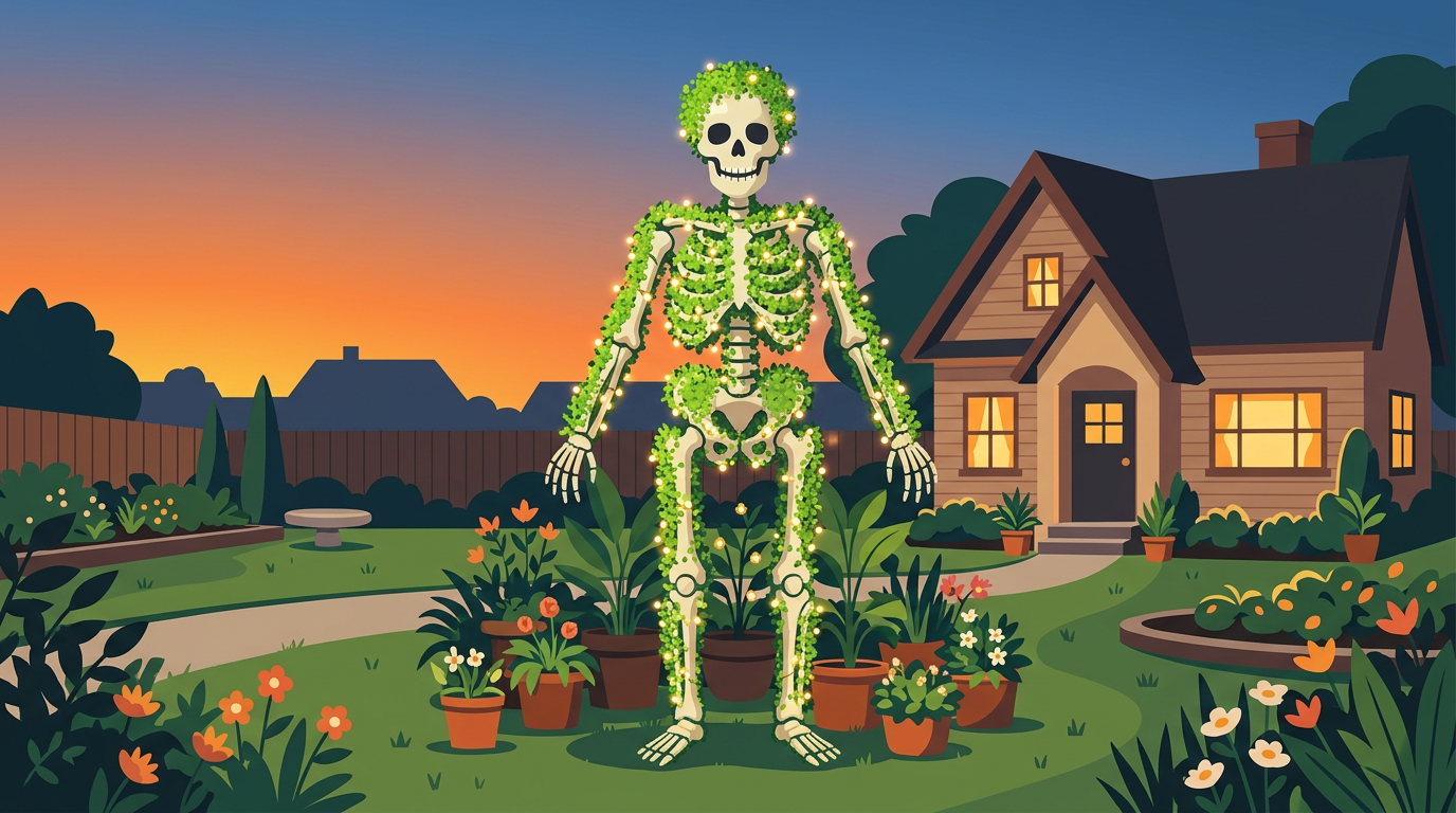A digital illustration of a towering 12-foot skeleton covered in leafy green sprouts and glowing lights on a front lawn.