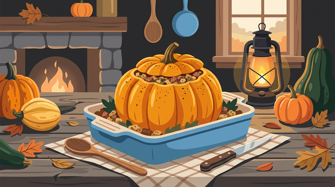 Illustration of a baked sausage-stuffed pumpkin on a rustic wooden table in a historic 19th-century kitchen setting.