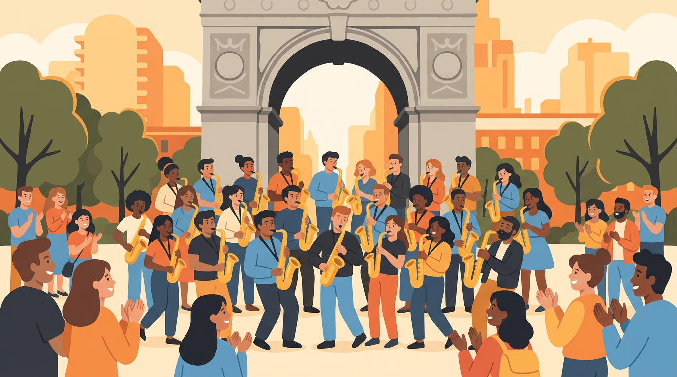 A colorful digital illustration of a group of saxophone players performing together in front of the Washington Square Arch in New York City.