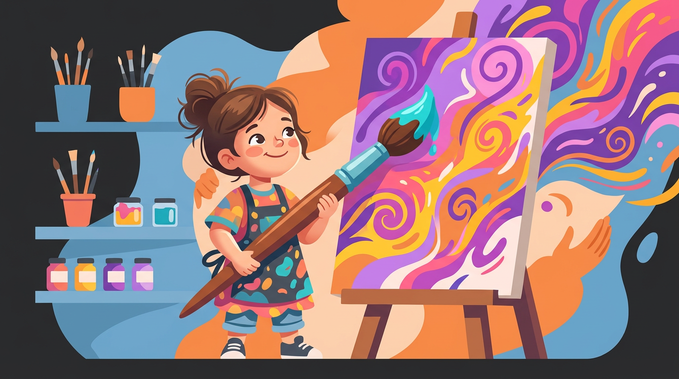 Digital illustration of a young girl holding a big paintbrush next to a colorful abstract painting.