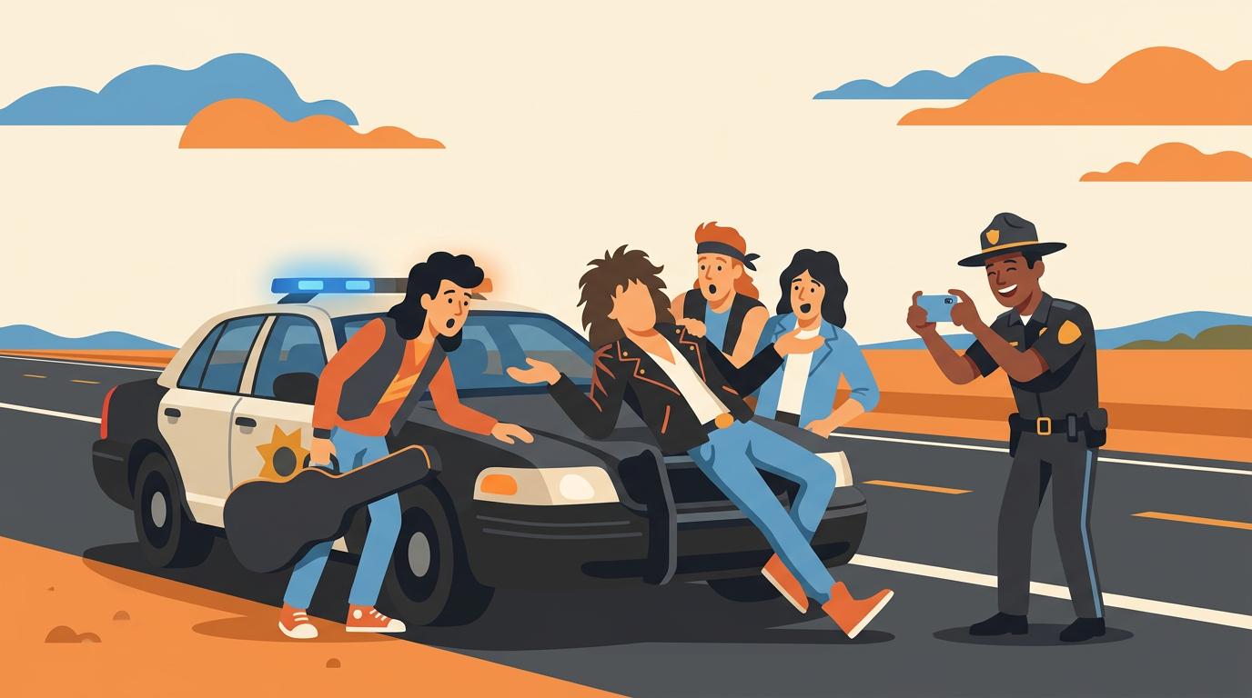 A playful illustration of an '80s rock band posing on a police car while an excited officer takes a photo.