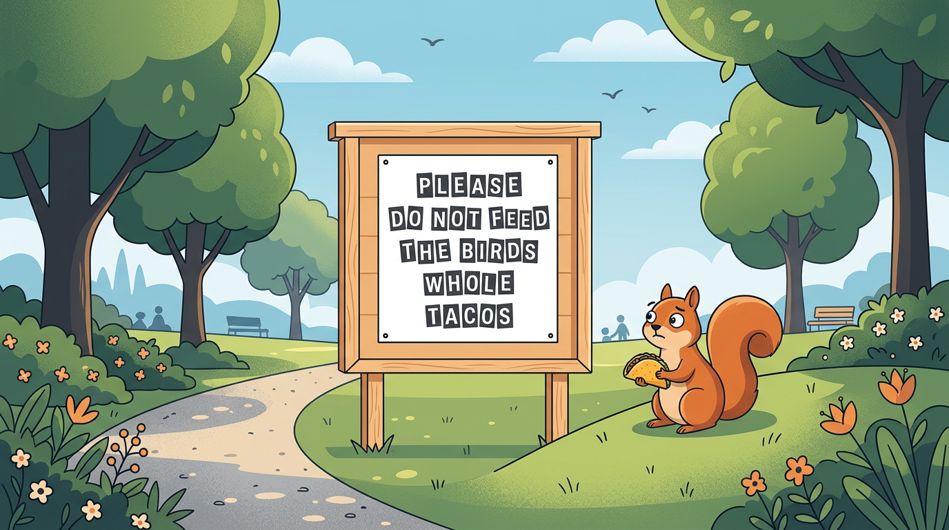 A colourful illustration of an oddly specific public park sign warning people not to feed tacos to birds, as a squirrel sits nearby.