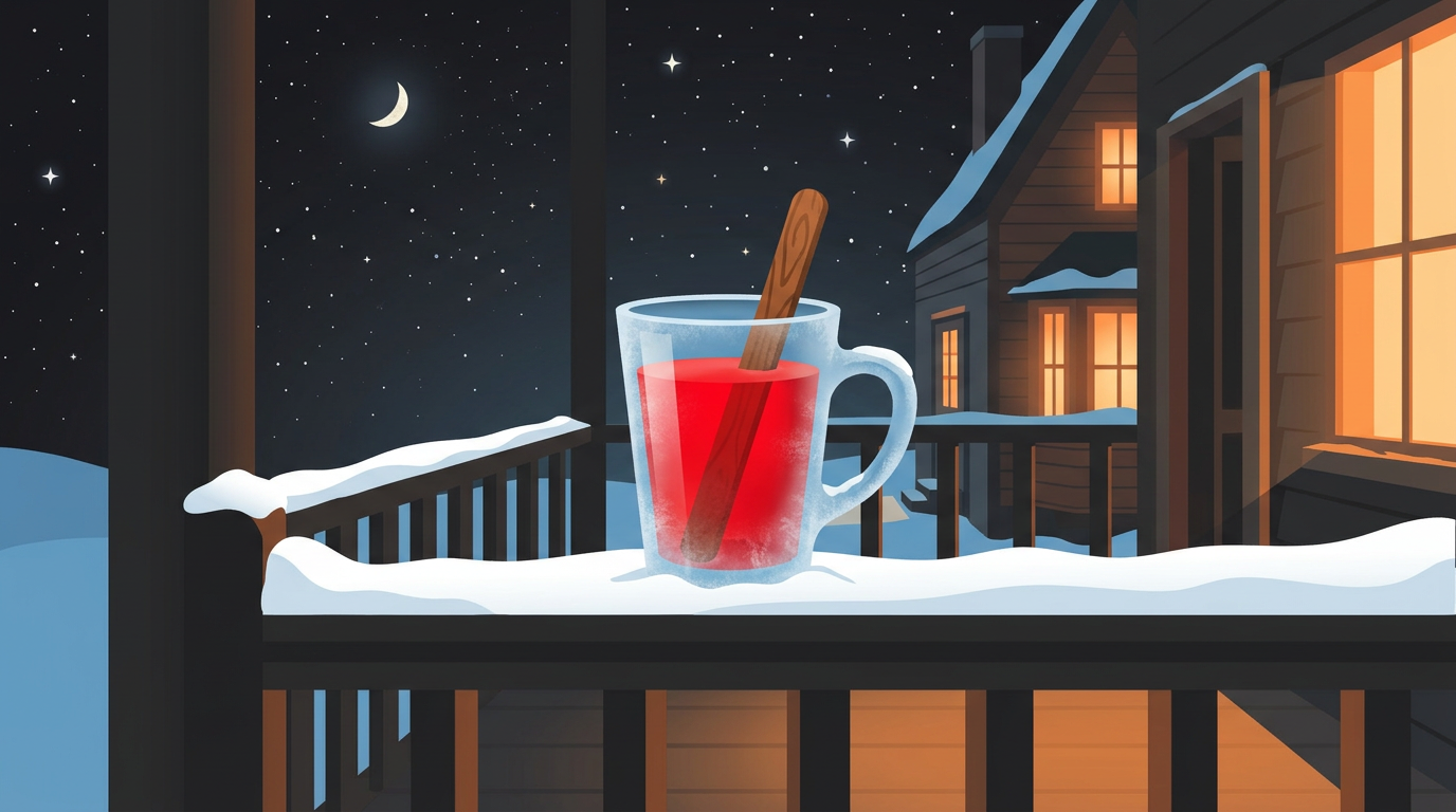 A retro digital illustration of a glass cup filled with frozen red soda syrup and a wooden stick sitting on a icy porch step at night.