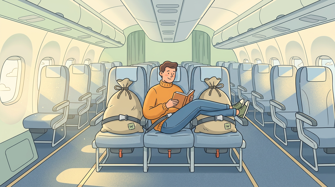 Illustration of a happy solo passenger sitting inside a completely empty commercial airplane cabin.