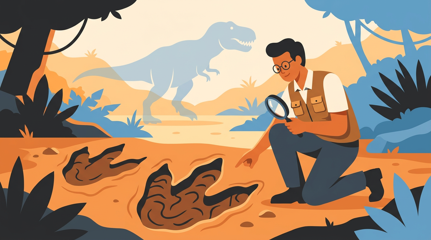 Stylized illustration of a person examining giant three-toed dinosaur footprints in rock under a bright sky.