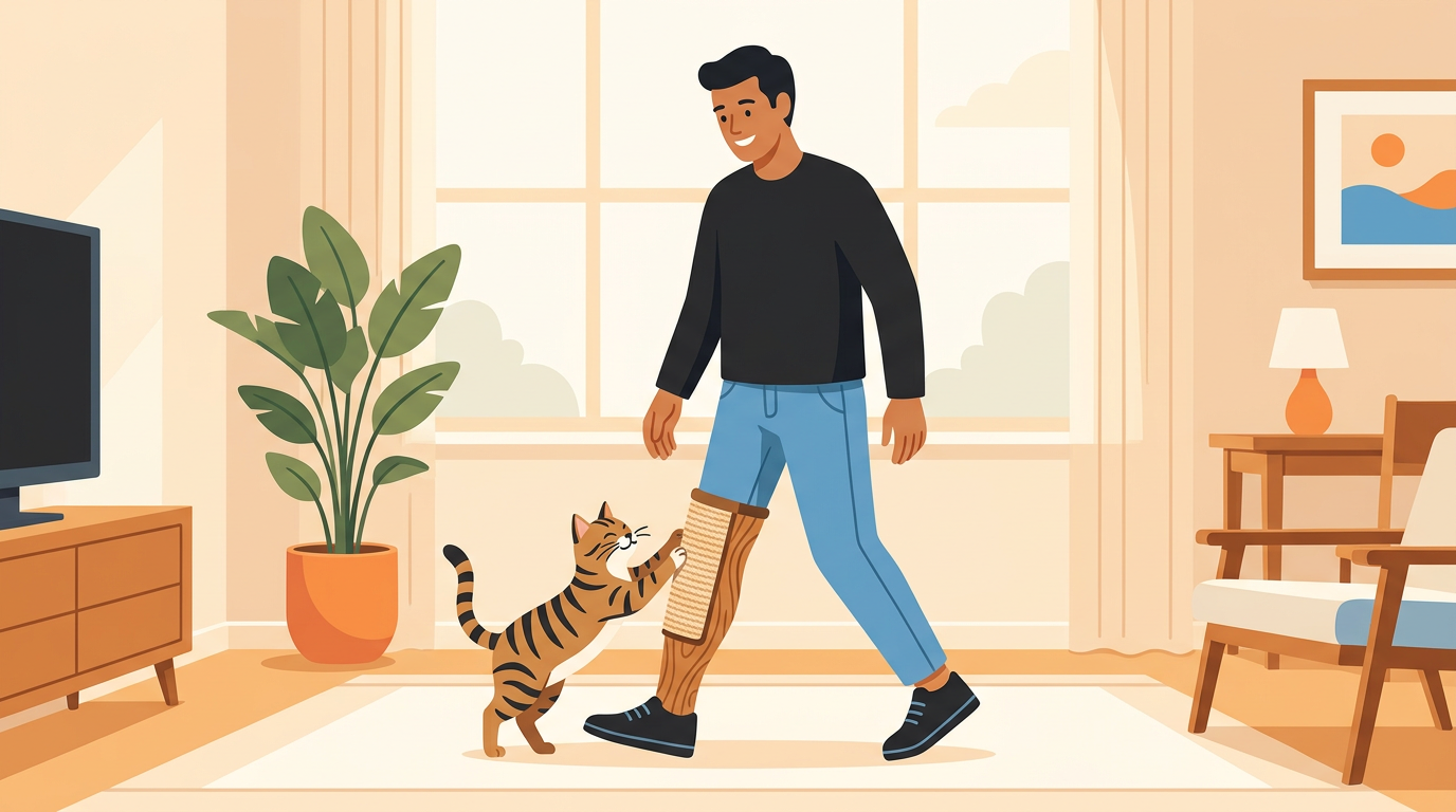 Illustration of a smiling man with a custom prosthetic leg wrapped in cat scratcher material while a tabby cat scratches it.
