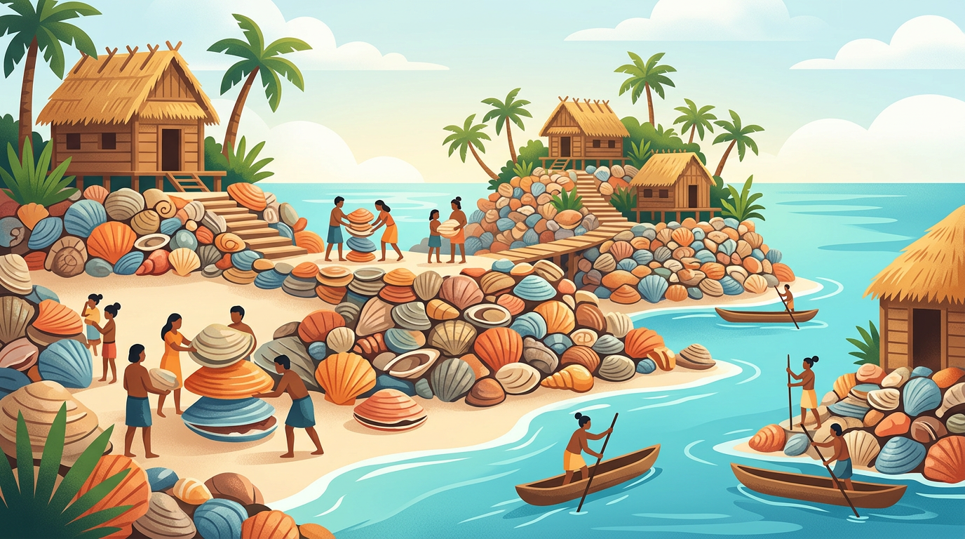 Digital illustration of an ancient indigenous Florida village constructed from giant piles of clam and oyster shells along a sunny coastline.