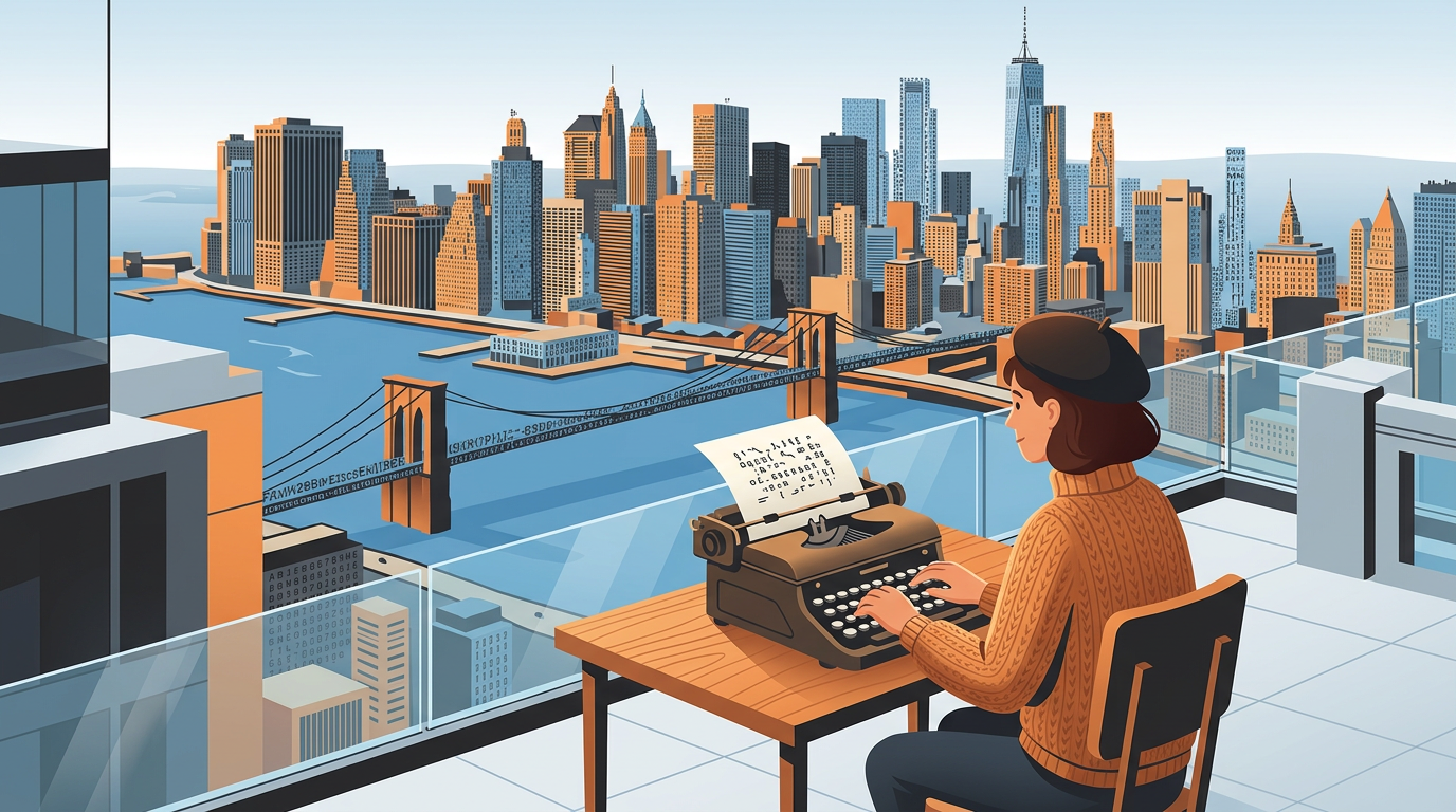 Illustration of an artist typing on a vintage typewriter on a New York skyscraper observation deck looking out at the skyline.