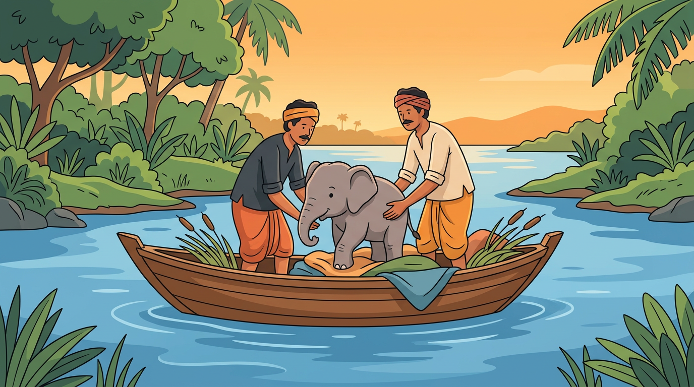 Illustration of local fishermen on a small wooden boat escorting a cute newborn elephant calf down a scenic river.