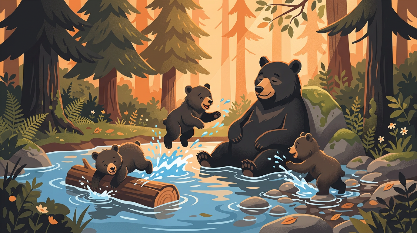Illustration of an adult black bear relaxing in a forest stream while three playful cubs splash and wrestle around it.