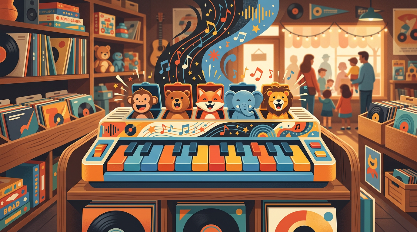 Illustration of a retro novelty toy keyboard with popping mechanical heads playing music inside a vintage collectible shop.