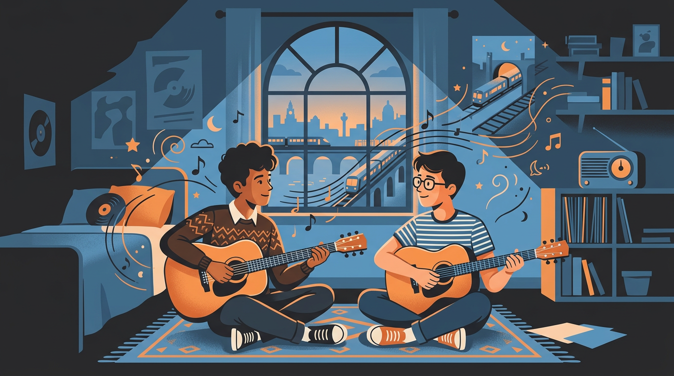 Illustration of teenage John Lennon and Paul McCartney playing acoustic guitars together in a 1950s bedroom.