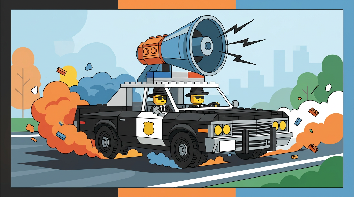 Illustration of a LEGO-style Bluesmobile car with a massive roof speaker and two minifigures wearing black suits and sunglasses.