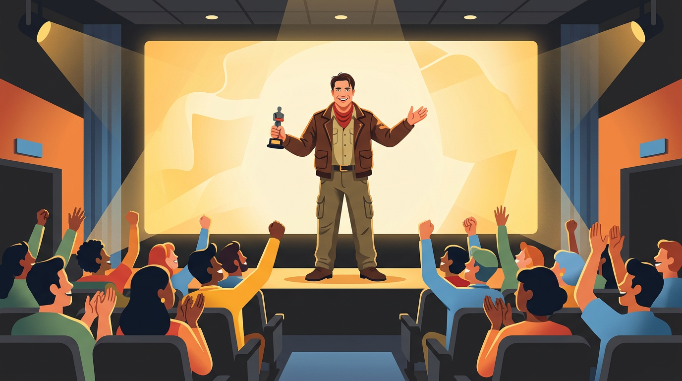 A colorful digital illustration of Brendan Fraser dressed as Rick O'Connell waving to an excited movie theater crowd.