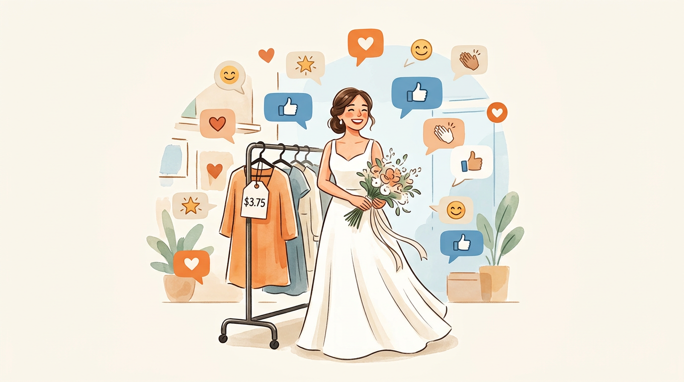 Illustration of a smiling bride beside a thrift rack displaying a white wedding gown with a $3.75 price tag and floating comment bubbles.