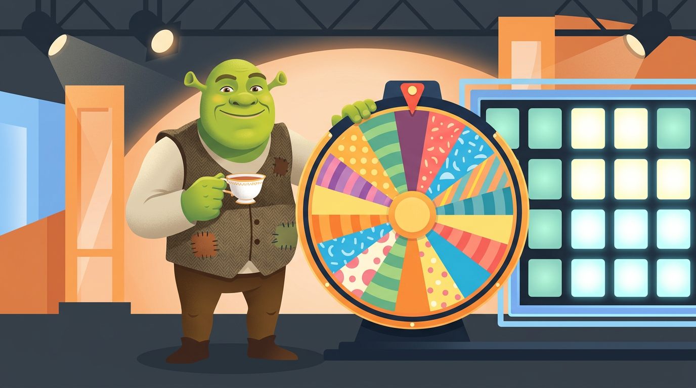 A whimsical illustration of a friendly green ogre wearing a tweed vest drinking tea next to a game show wheel.