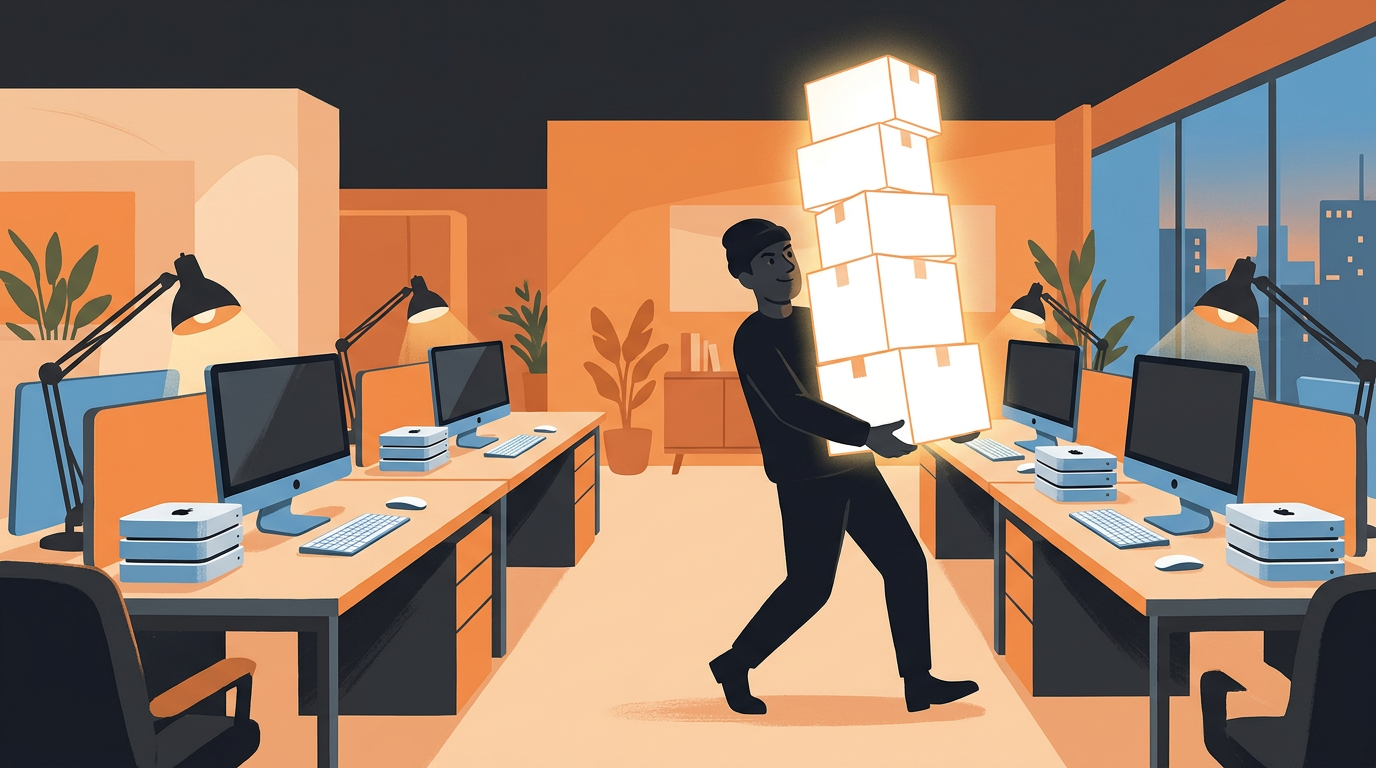 Digital illustration of a sneaky burglar running off with a stack of empty computer boxes while real computers remain untouched on desks.