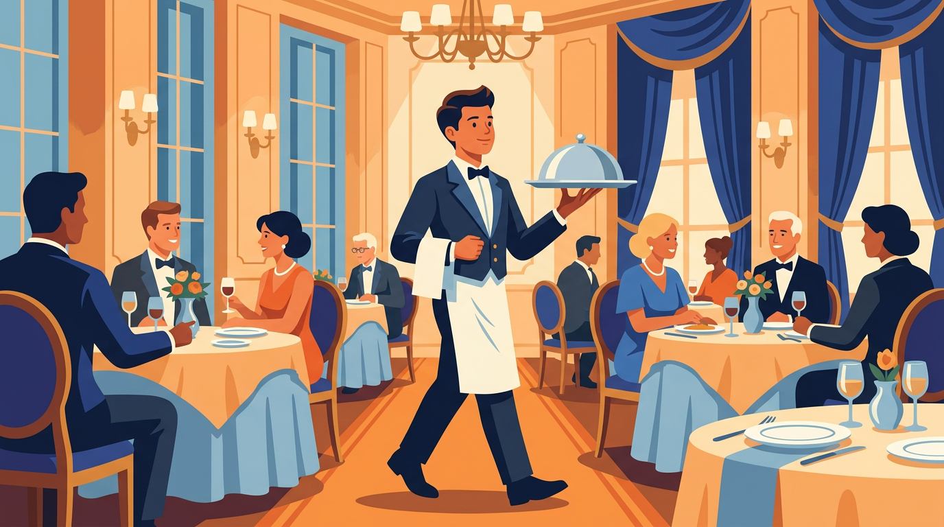 Illustration of a young teenage busboy standing proudly in a high-end vintage hotel dining room holding a tray.
