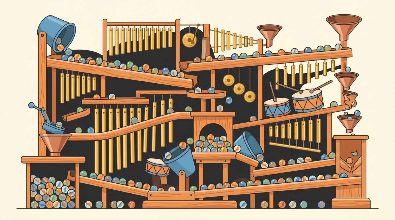 Whimsical digital illustration of an intricate wooden marble machine with brass chimes, drums, and thousands of cascading colorful marbles.