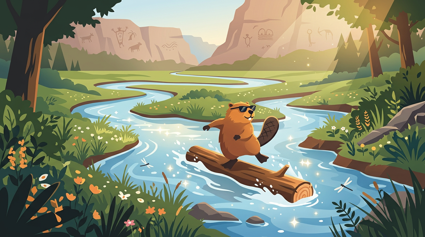 A playful illustration of a beaver riding a floating log through a pristine mountain stream surrounded by green trees.