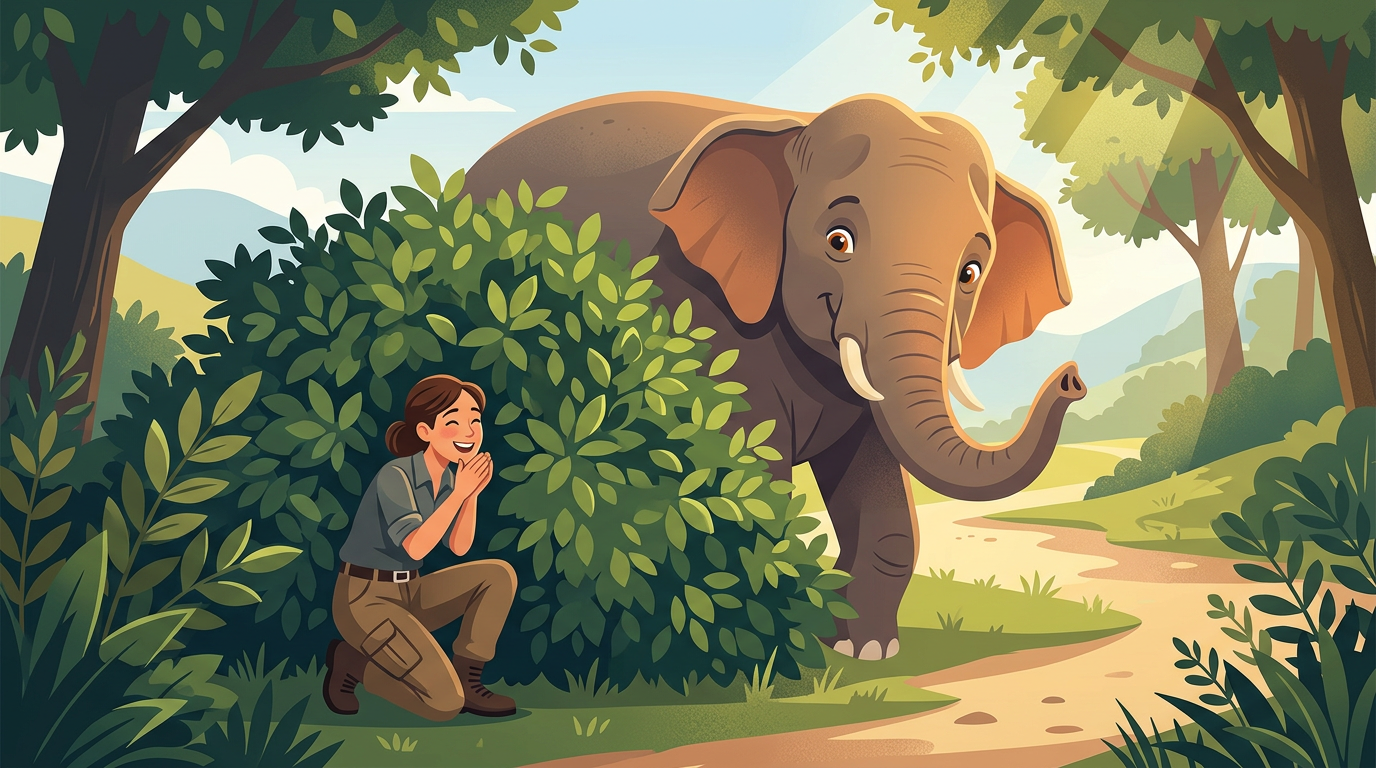 A digital illustration of a smiling sanctuary caretaker crouching behind a bush while a large, gentle elephant peeks around to find her in a playful game of hide-and-seek.