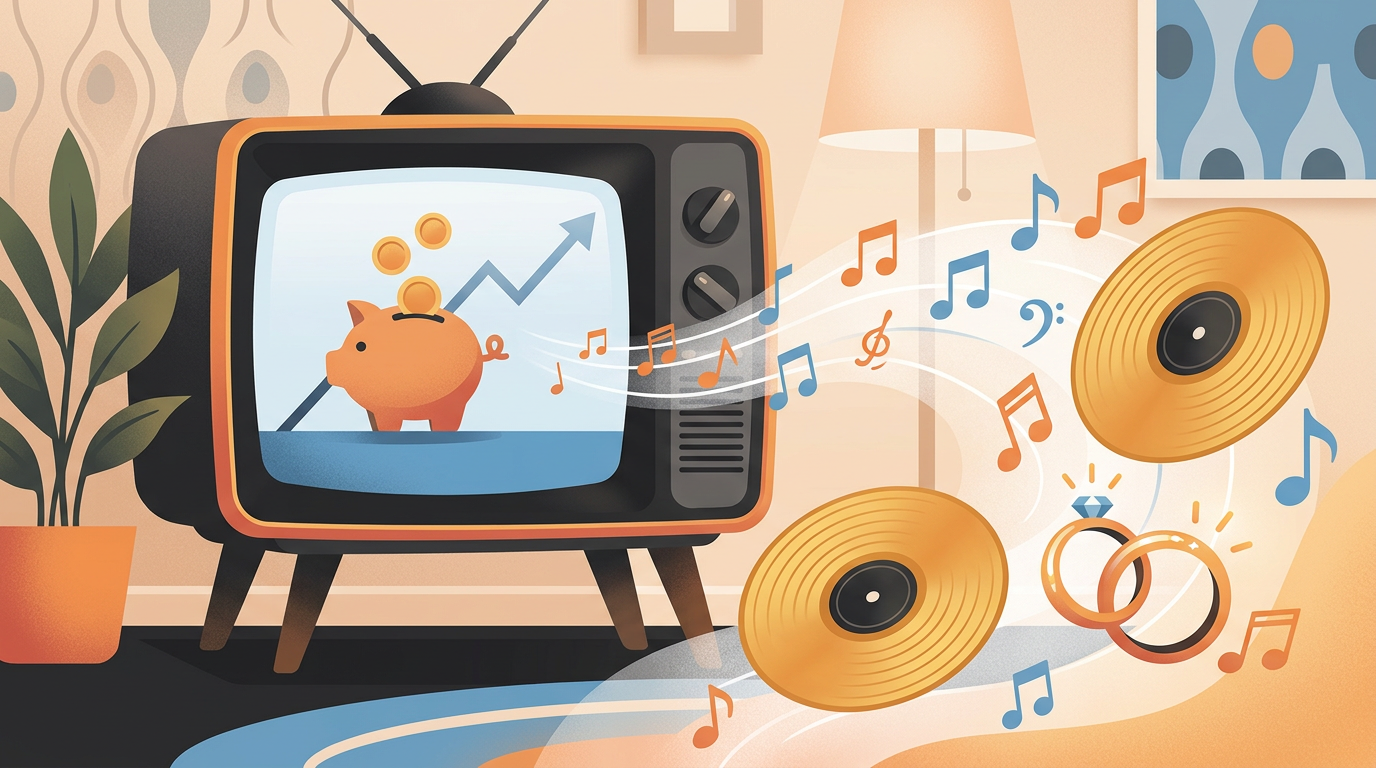 Illustration of a retro 1970s television playing an ad with musical notes transforming into golden vinyl records and wedding rings.