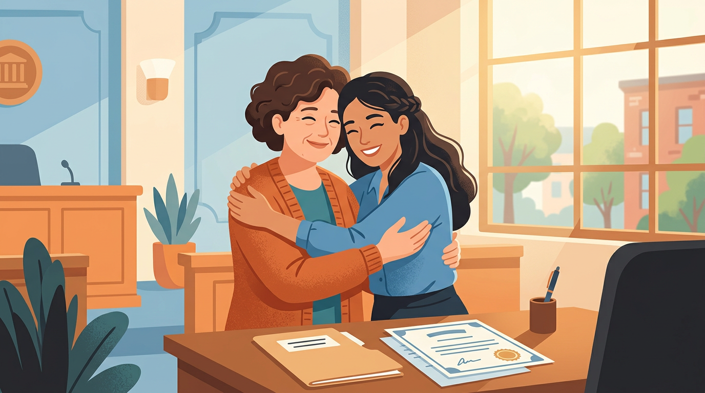 Digital illustration of a young woman and an older woman joyfully embracing near court papers.