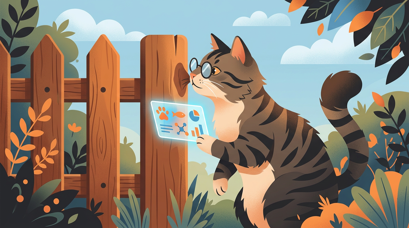 Illustration of a curious cat with spectacles inspecting a fencepost while a glowing chemical business card floats nearby.
