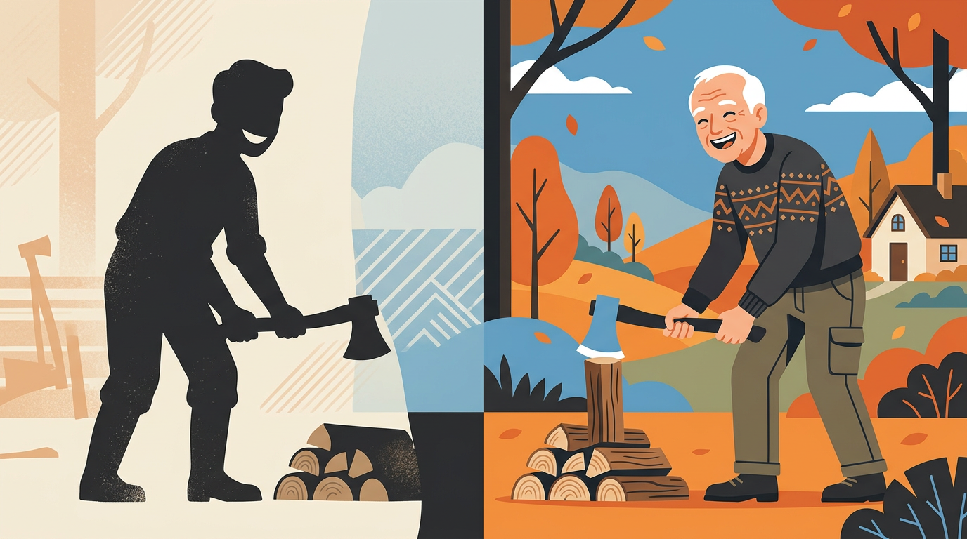Illustration of a smiling centenarian holding an axe next to a vintage frame showing their younger self with the same expression.