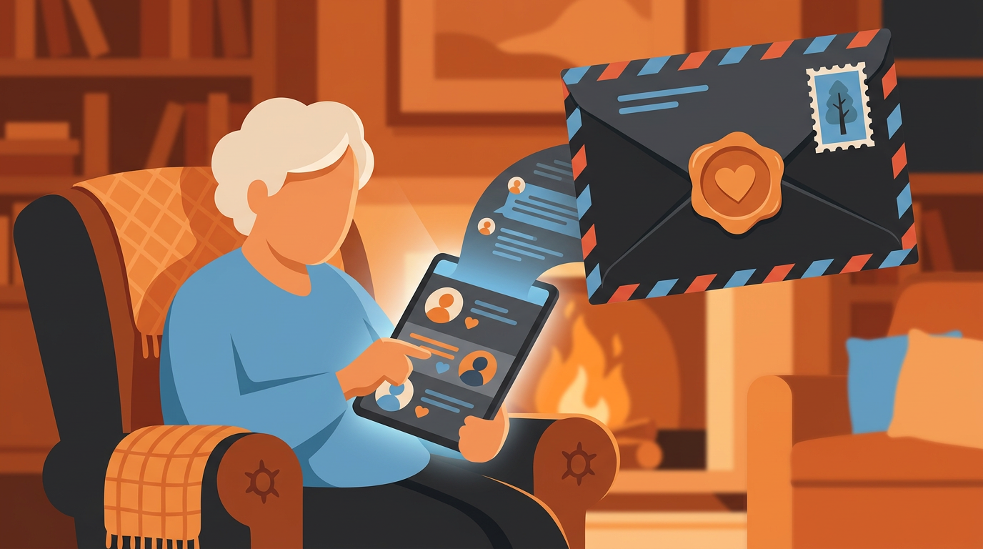 Whimsical illustration of an elderly person happily using a tablet with letter envelopes floating out from the screen.