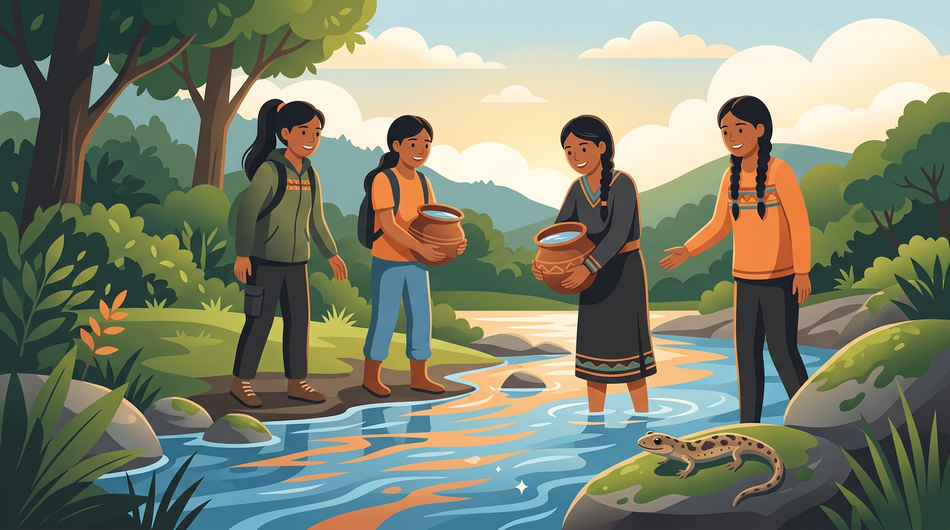 Illustration of Indigenous youth by a scenic mountain river holding clay pots filled with water.