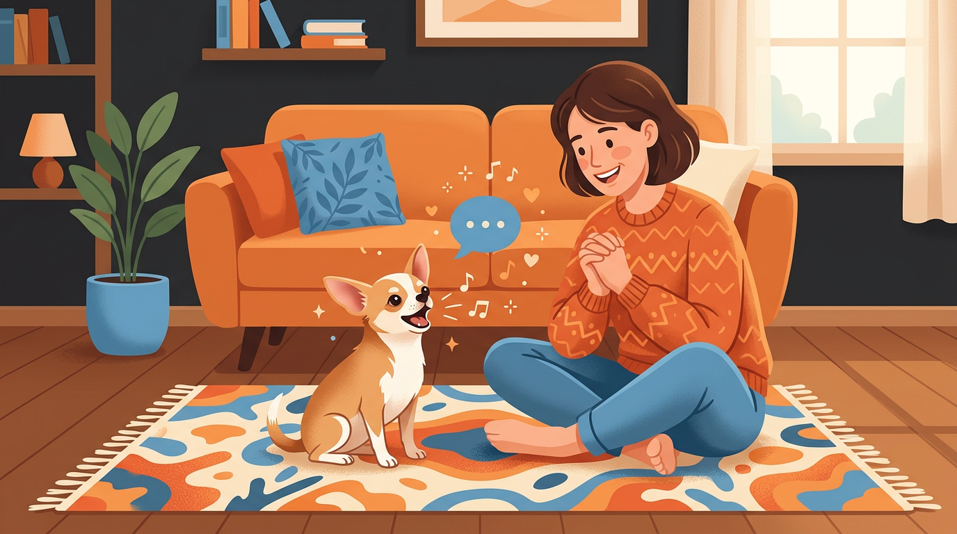 Illustration of a tiny, happy Chihuahua named Louie vocalizing cheerfully to his owner in a warm living room.