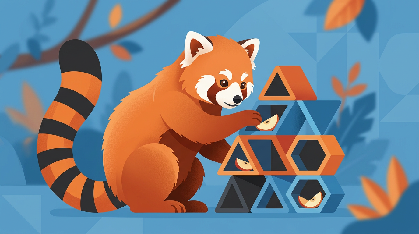 A colorful digital illustration of a cute red panda named Enoki solving a bright puzzle toy to get apple slices.