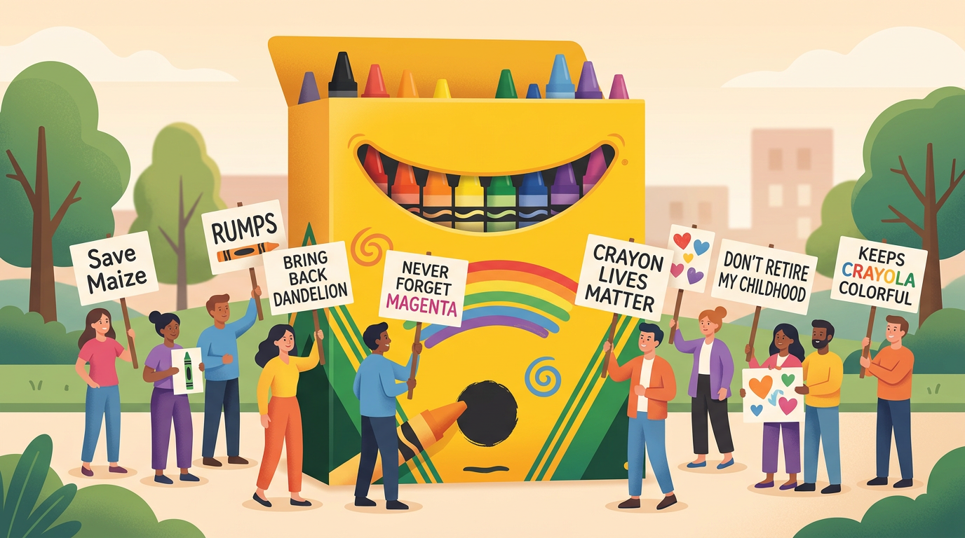 Illustration of adult protesters holding fun signs in front of a giant Crayola box.