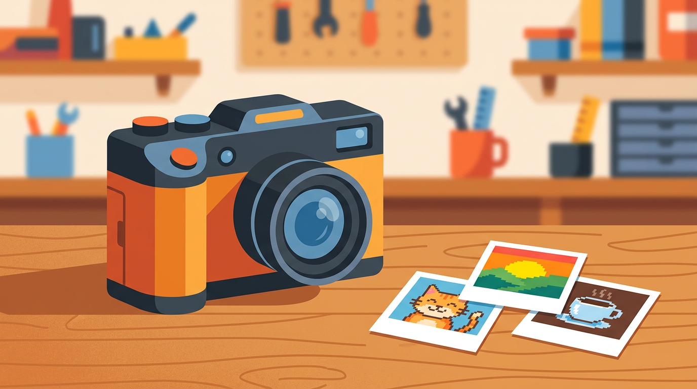 Illustration of a custom camera next to small square electronic paper photo cartridges displayed on a wooden desk.