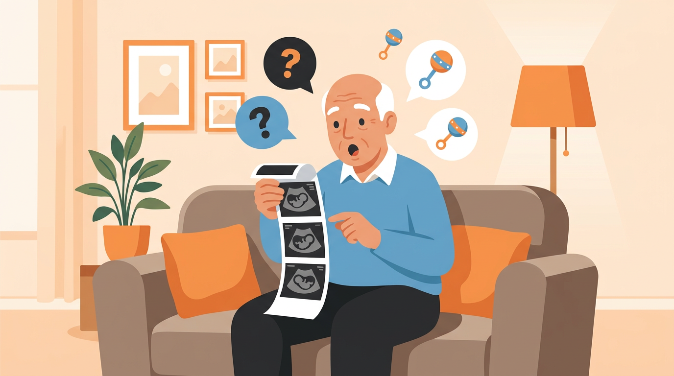 Illustration of a shocked grandpa sitting on a couch reading a long strip of triplet ultrasound photos with comic-style surprise details around him.