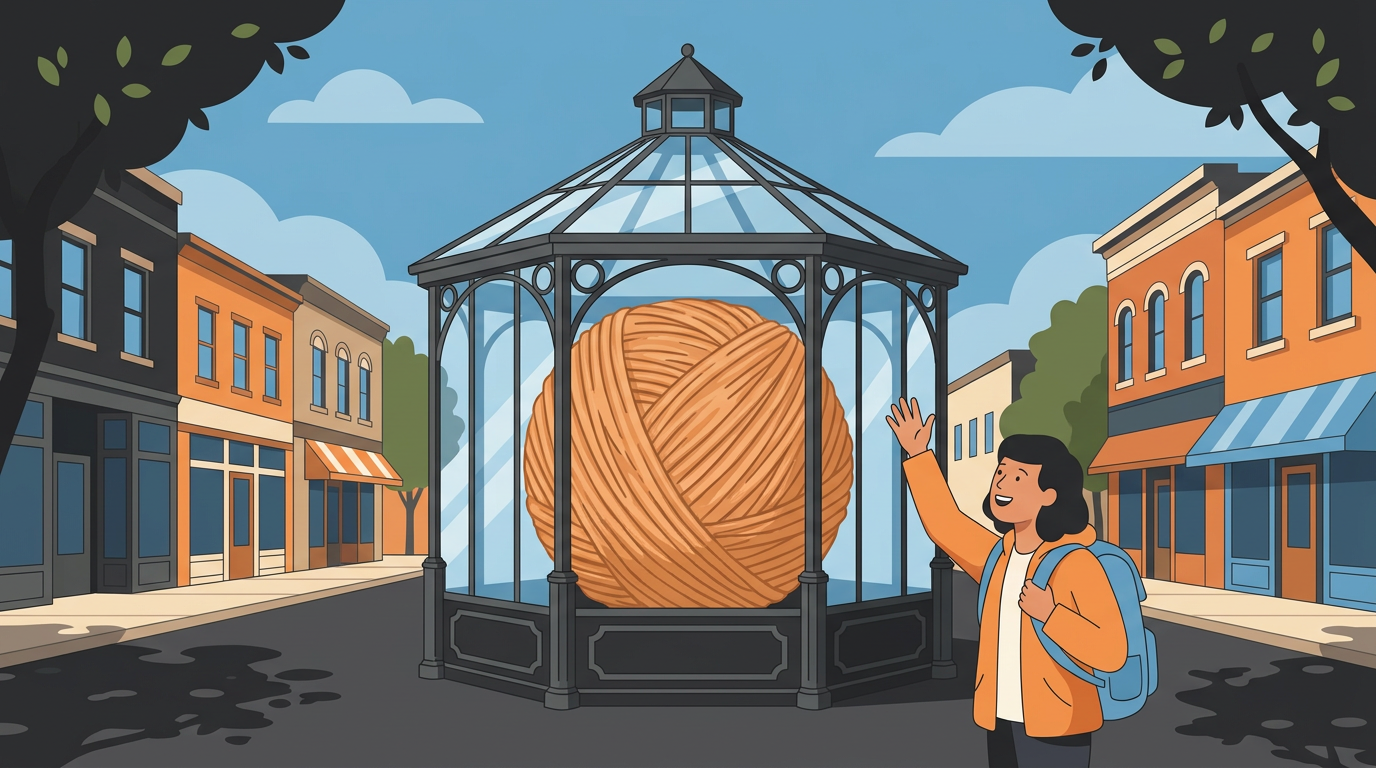 An illustration of the world's largest ball of twine inside a glass gazebo in Darwin, Minnesota.