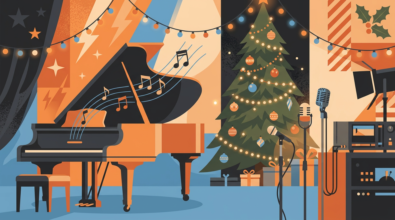 A vintage-style illustration of a 1970s festive television set with a piano, microphones, and warm holiday lighting.