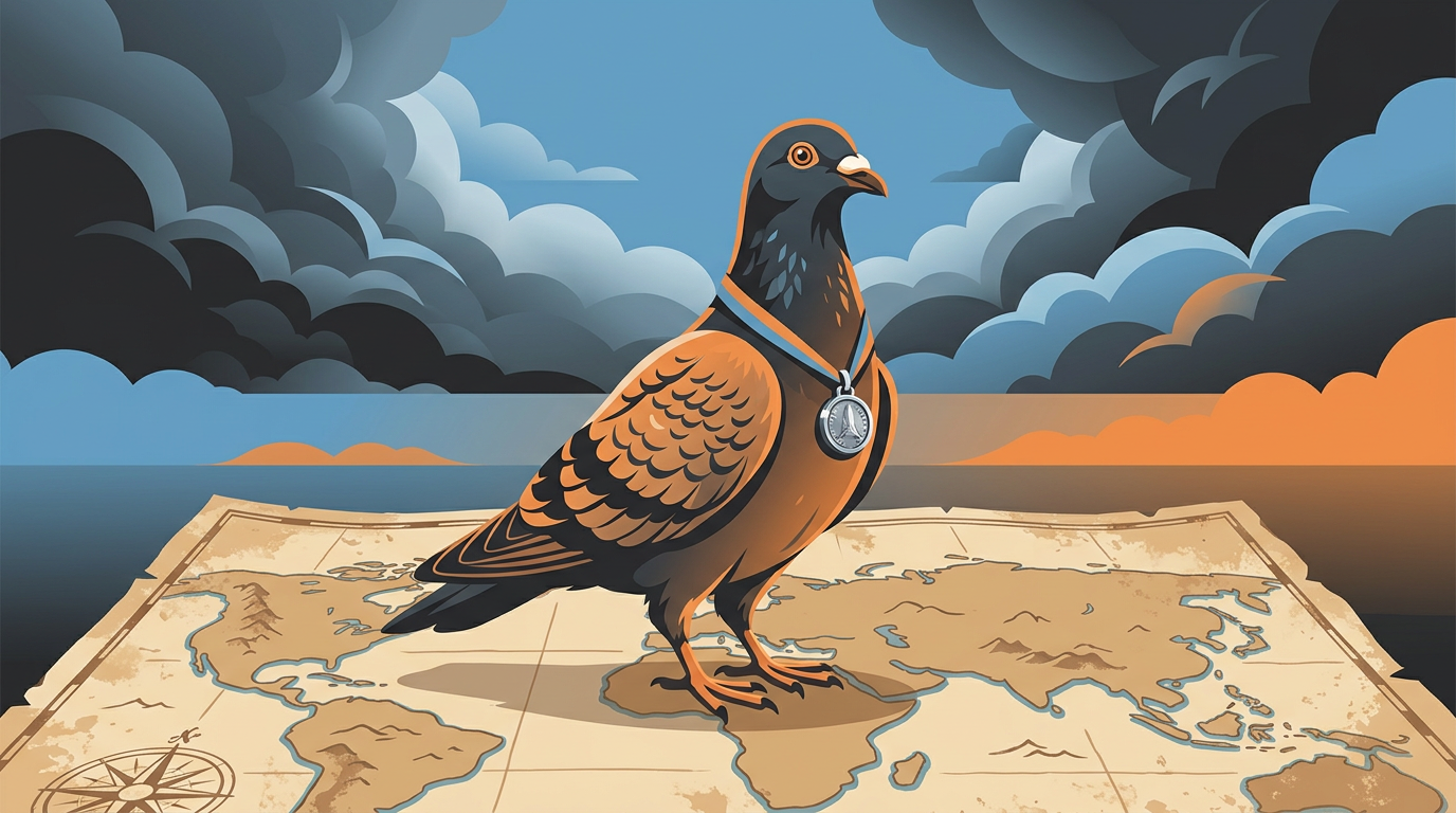 An illustration of a brave homing pigeon wearing a medal around its neck, set against a backdrop of stormy war skies and a vintage map.