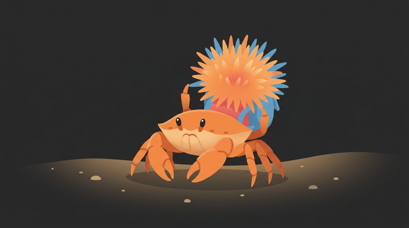 Digital illustration of a deep-sea porter crab carrying a spiky sea anemone on its back like a backpack while walking on the ocean floor.