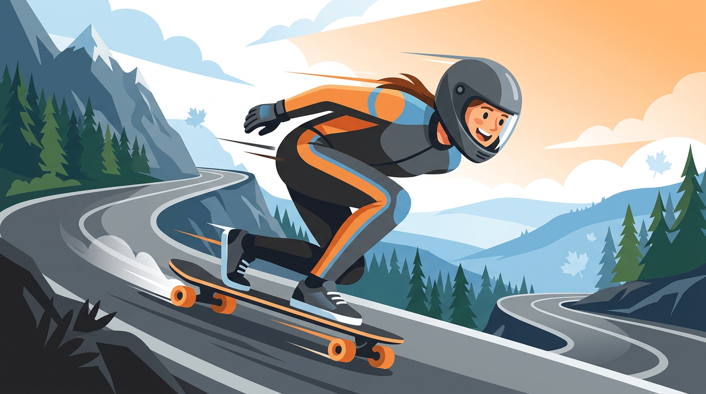 Digital illustration of a downhill skateboarder wearing a full helmet and leather suit, tucking tightly while speeding down a steep Quebec road with motion lines indicating fast movement.