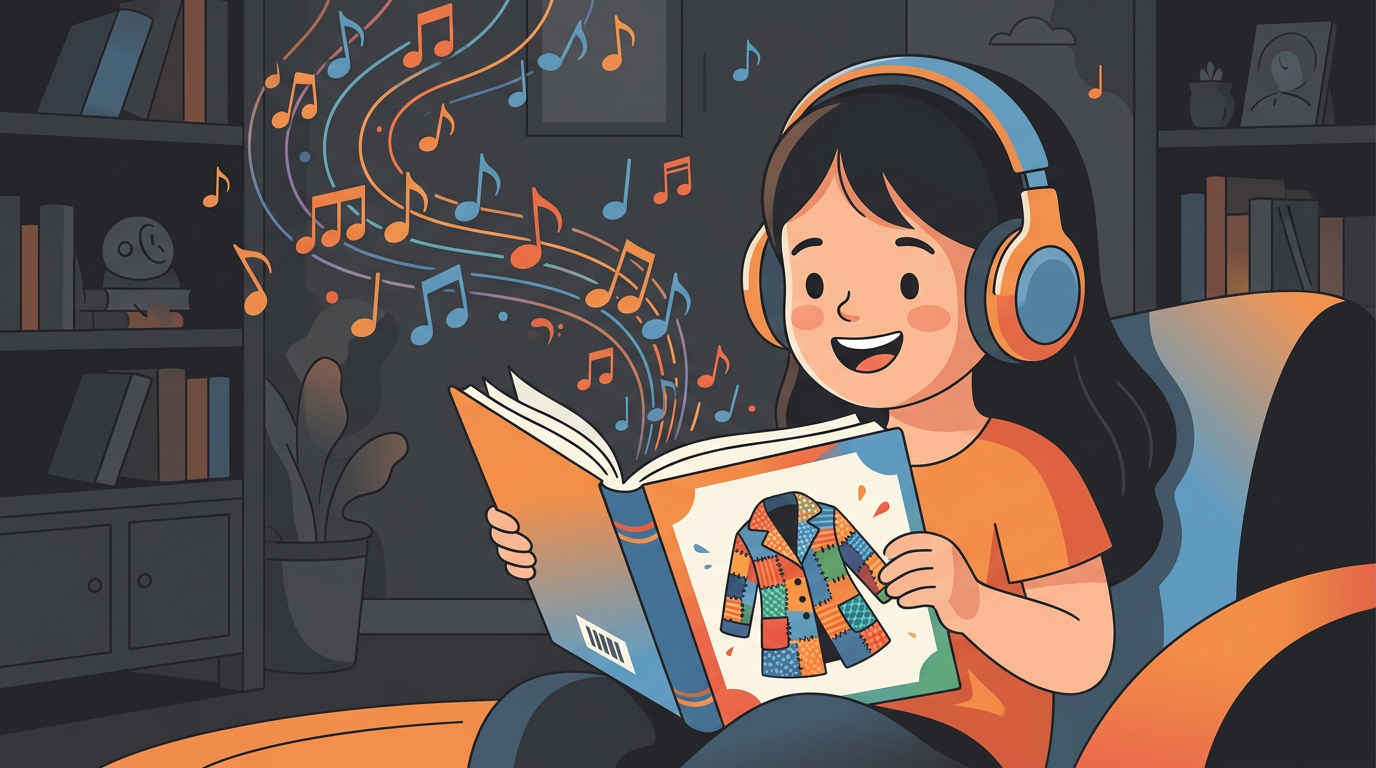 Illustration of a happy young girl sitting on her floor reading a picture book while colorful musical notes float around her room.