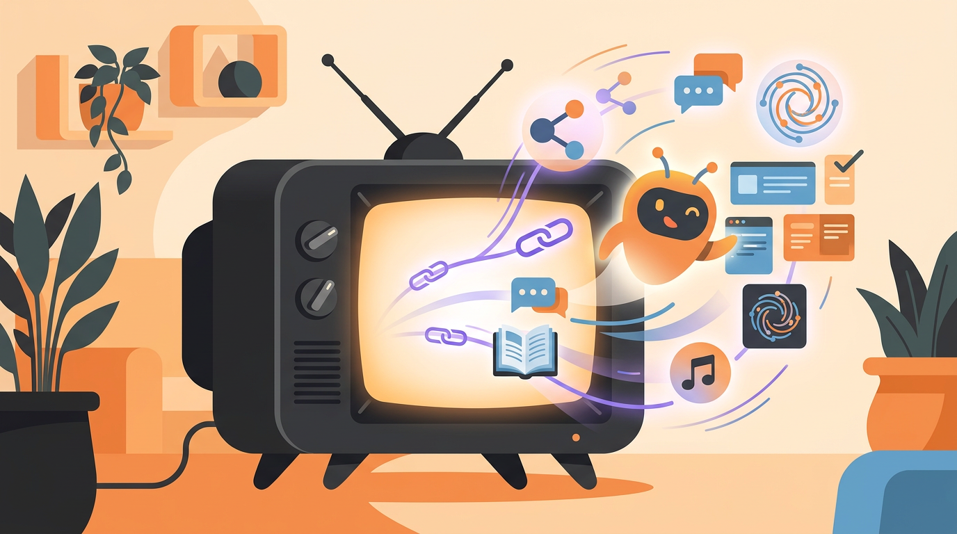 Retro-futuristic illustration of a 1990s television beaming out glowing interactive hyperlinks and futuristic computer icons.