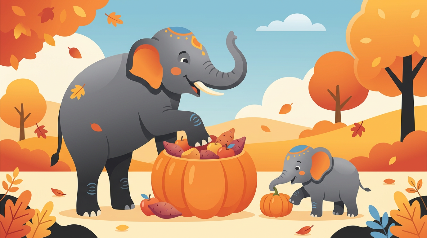 Illustration of a large Asian elephant joyfully squishing a giant pumpkin filled with fruit and vegetables alongside a tiny baby elephant with a miniature pumpkin.