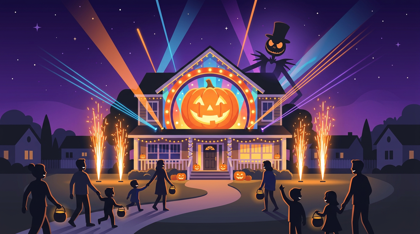 A vibrant illustration of a suburban home illuminated by bright lasers, pyrotechnic cold sparks, and projection visuals of a giant singing jack-o'-lantern for Halloween.