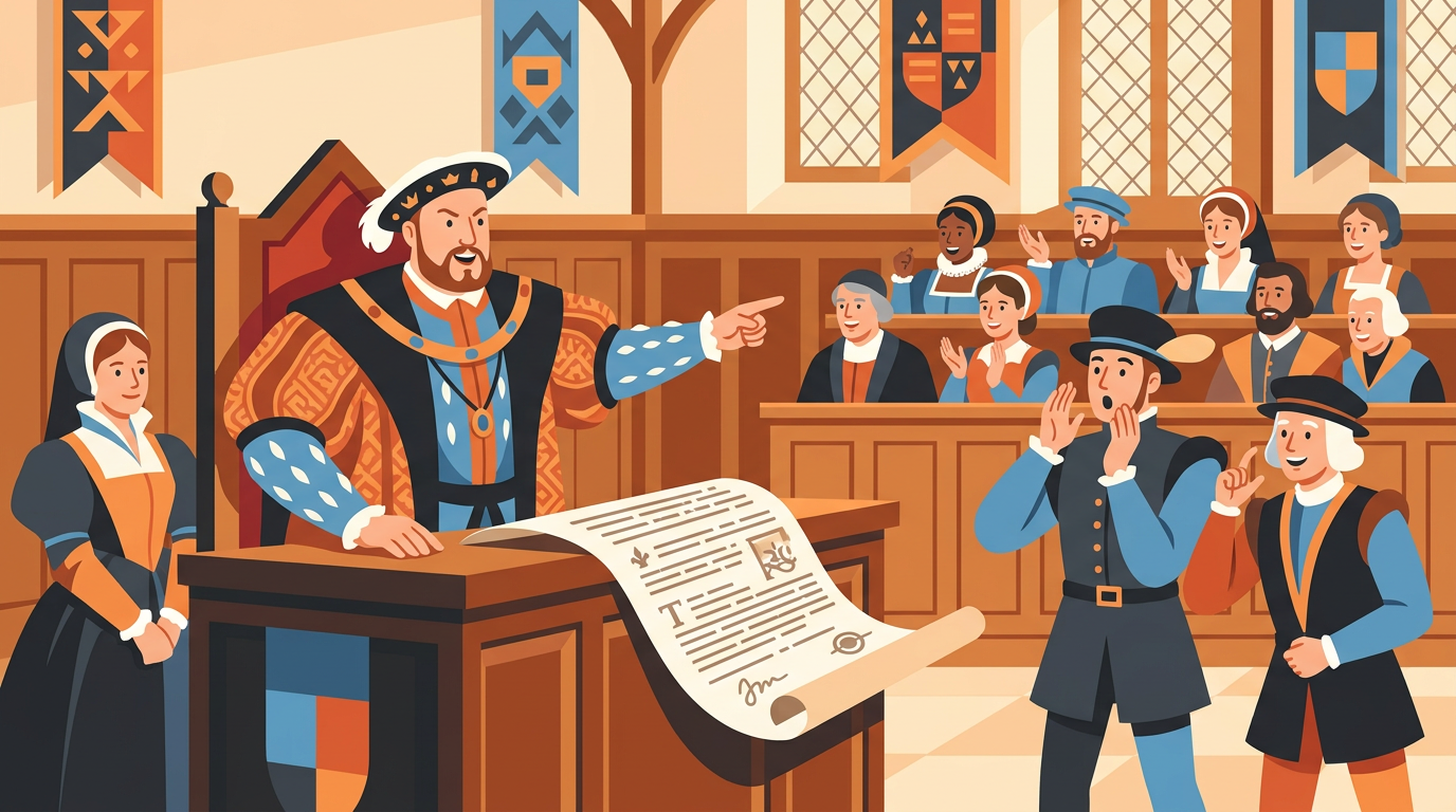 Pop-art illustration of a Tudor courtroom styled like a reality TV legal drama with royal scrolls and dramatic crown figures.