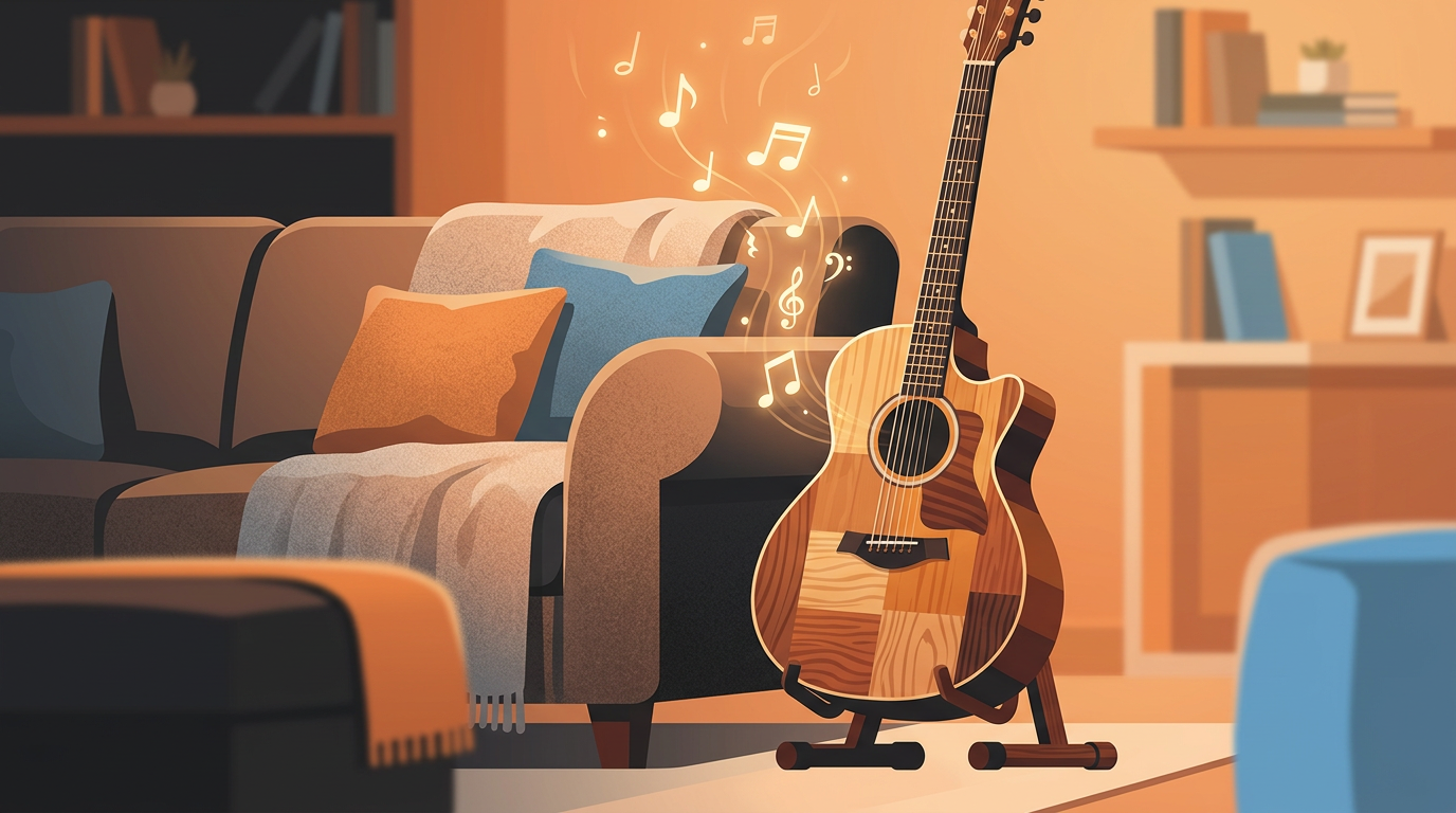 A colorful stylized illustration of a wooden acoustic guitar sitting in a cozy living room with soft musical notes floating from it.