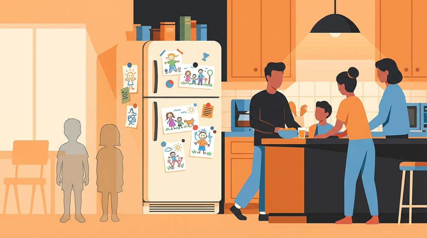 Retro illustration of the Bueller home showing subtle phantom silhouettes of deleted younger siblings.