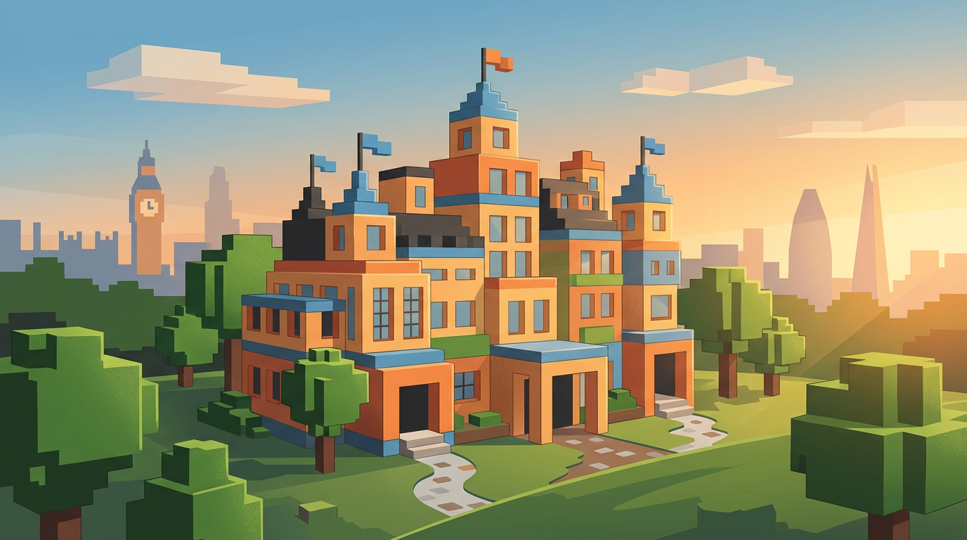 A colourful 3D illustration of a blocky pixelated hotel building reminiscent of a video game landscape.